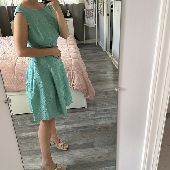 Talbot Runhof Dress Midi Fit Flare Sleeveless Floral 3D Embossed Teal Blue Small - Picture 12 of 13